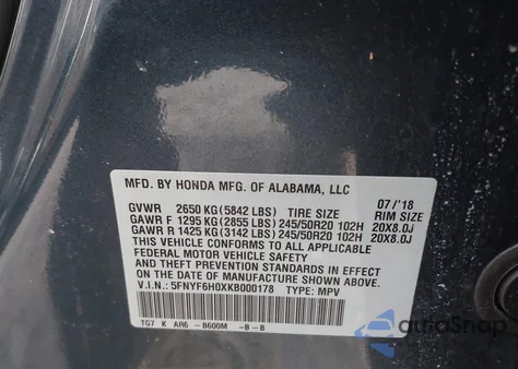 2019 Honda Pilot Elite from USA, damaged, VIN 5FNYF6H0XKB000178